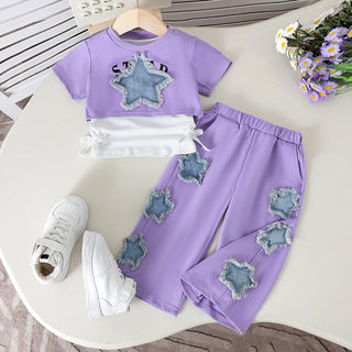 european american design sense كاجوال بنت بدلة أكمام قصيرة فيست trousers with five-pointed star patch cross-border قصير