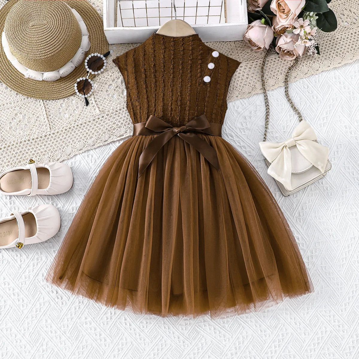 children's بدون أكمام تل فستان، بنات' organza puffy جيب بحزام أميرة جيب