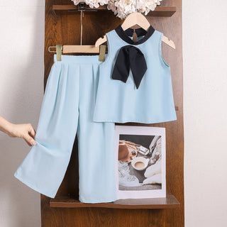 موضة 2025 صيف hot multi-color كاجوال print بدلة for بنات round neck بدون أكمام loose توب and trousers for children