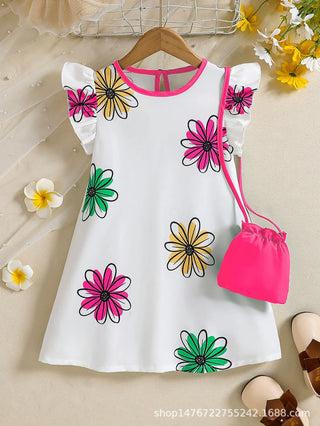بنات' colorful floral print small fly أكمام، back collar، water drop buckle كاجوال loose فستان