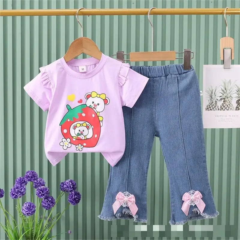 موضة 2025 صيف جديد cartoon print كاجوال ستايل أكمام قصيرة bow دينم pants children's two-piece بدلة