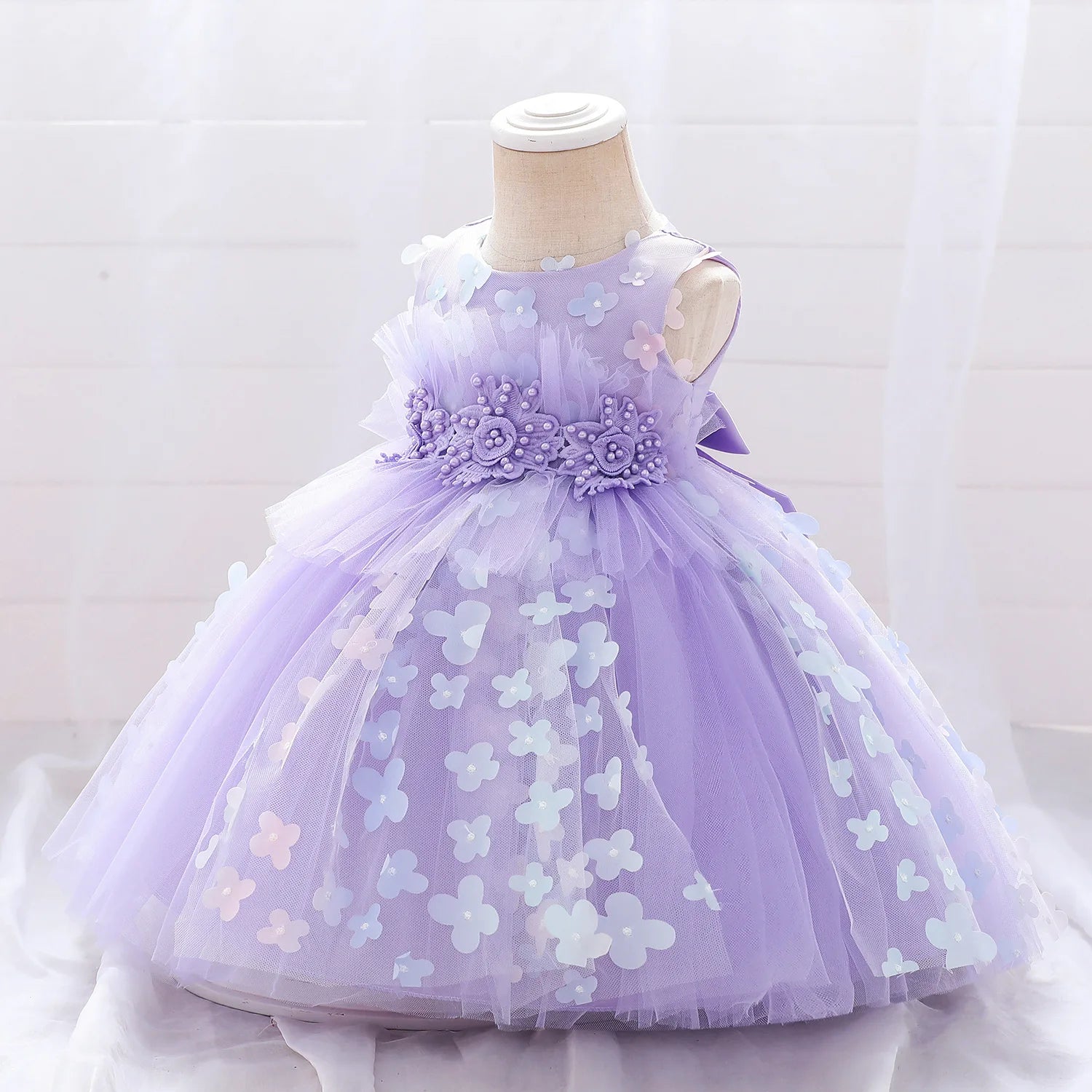 luxury صيف أطفال فستان for بنات 3 years old flower appliqued تل puffy frock بدون أكمام solid pattern button decoration
