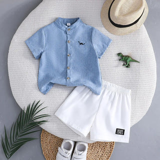 كاجوال صيف طقم قطعتين for أولاد أكمام قصيرة dinosaur embroidered polo shirt and white print shorts