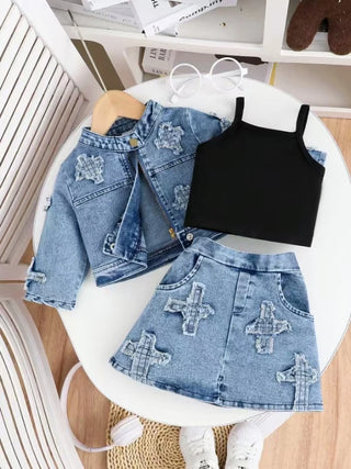جديد fashion 3pcs بنات clothing طقم أكمام طويلة دينم jacket coat with قصير جيب outfits