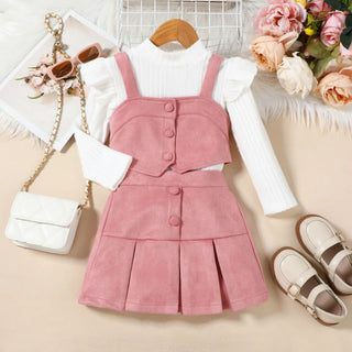 خريف جديد بنات three-piece طقم solid color fly كم توب with suspender waistcoat بليسيه cotton جيب for wear