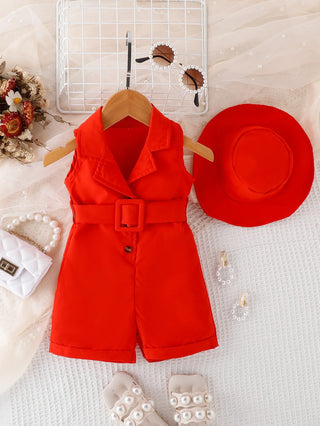 2024 صيف boutique infant بنات clothing بدون أكمام solid color lapel v neck belt bodysuit hat 2pcs baby جمبسوت