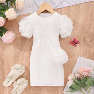 أكمام قصيرة bubble فستان for بنات light knitted fabric with button decoration small medium-sized children solid color صيف