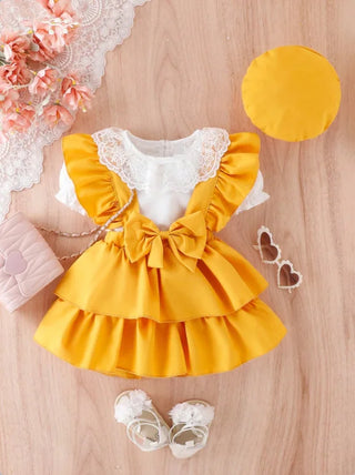 3pcs christmas baby بنات صيف clothes sets أكمام قصيرة lace collars romper tops solid suspender جيب hat toddlers' صيف