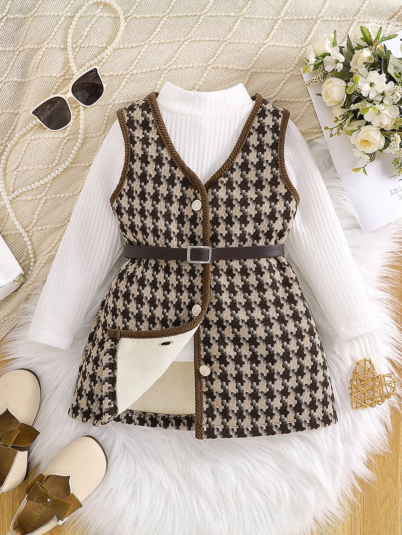 بنات composite thick plush طويل فيست jacket + pit strip high collar أكمام طويلة توب بدلة بحزام