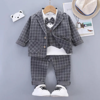small medium-sized أولاد three-piece بدلة خريف cardigan jacket with bow tie waistcoat and plaid children's clothing طقم