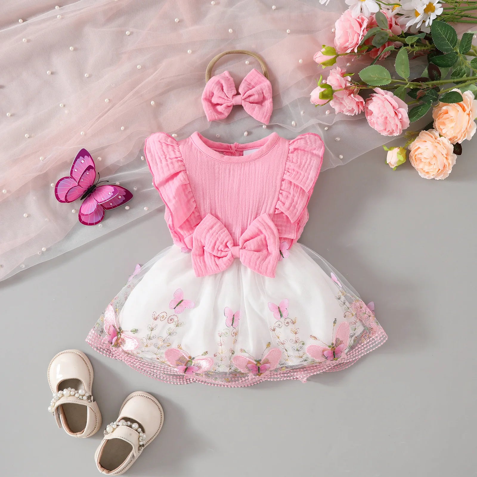 baby بدون أكمام ruffled bow with pink double بليسيه تل patchwork جيب butterfly shaped wavy جيب