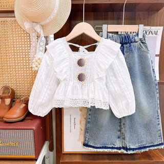 ربيع وخريف جديد بنت cute bubble كم توب with straight jeans طقم قطعتين