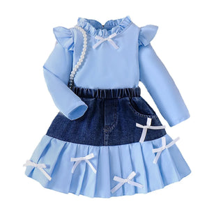 hot sale children's clothing طقم european american بنات fly كم bow solid color توب دينم stitching بليسيه جيب toddlers