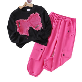 hot sale european and american خريف and شتاء fashion بنات butterfly patch توب + overalls trousers طقم قطعتين