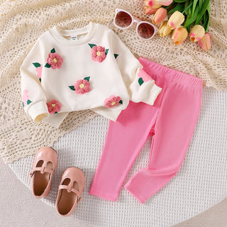 hot selling جديد خريف and شتاء بنات' round neck three-dimensional embroidered flower hoodie solid color pants طقم قطعتين