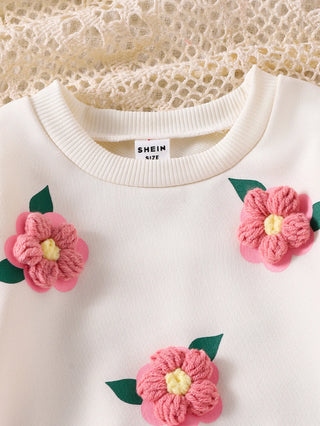 hot selling جديد خريف and شتاء بنات' round neck three-dimensional embroidered flower hoodie solid color pants طقم قطعتين