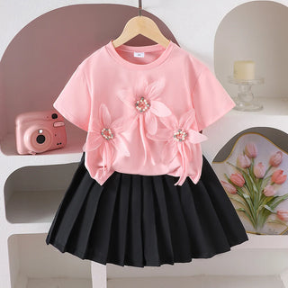 hot ستايل جديد cute بنت بدلة flower قصير-sleeved t-shirt بليسيه جيب 2-piece طقم for ربيع خريف ستايل غربي 4-7t for children