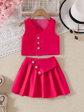 أطفال two-piece party بدلة fashionable stylish outfit solid color بدون أكمام button فيست بليسيه جيب بنات clothing طقم