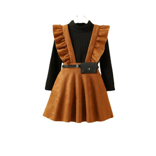 korean ستايل خريف and شتاء children clothing knitted bottoming shirt suede overalls جيب waist bag بنات three-piece بدلة