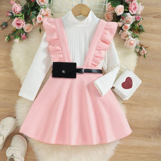 korean ستايل خريف and شتاء children clothing knitted bottoming shirt suede overalls جيب waist bag بنات three-piece بدلة