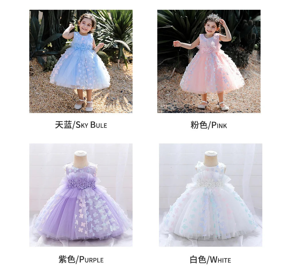 luxury صيف أطفال فستان for بنات 3 years old flower appliqued تل puffy frock بدون أكمام solid pattern button decoration