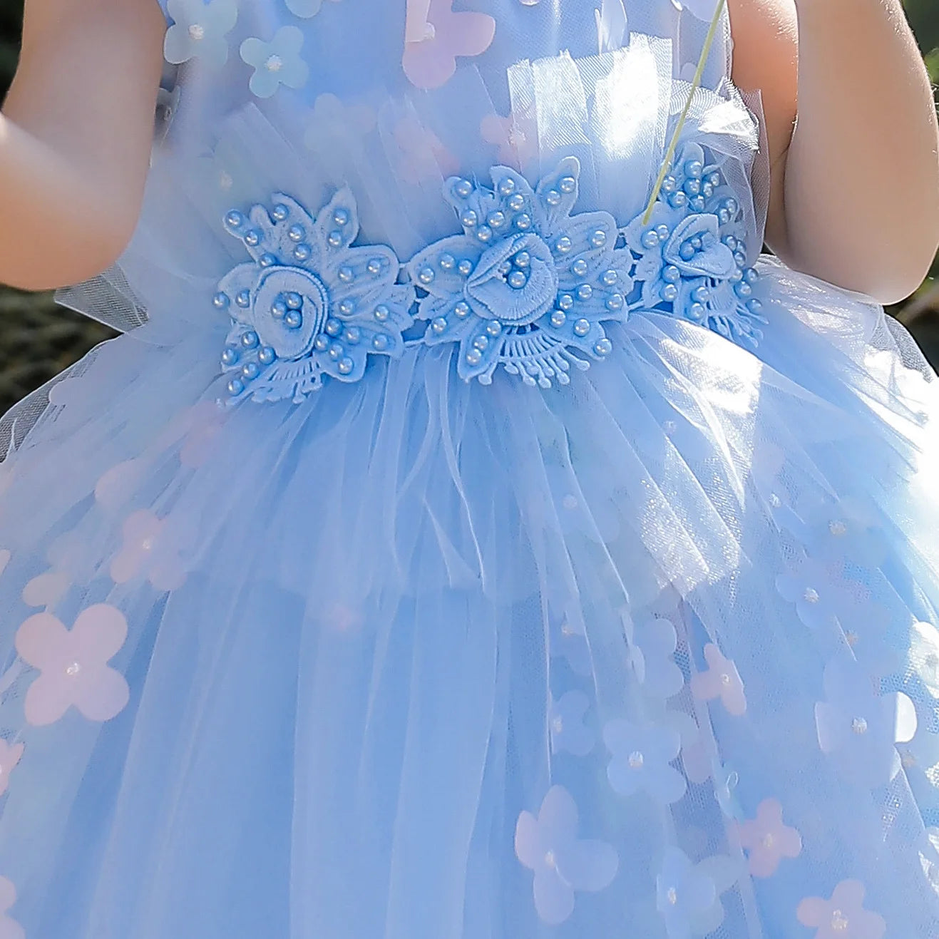 luxury صيف أطفال فستان for بنات 3 years old flower appliqued تل puffy frock بدون أكمام solid pattern button decoration
