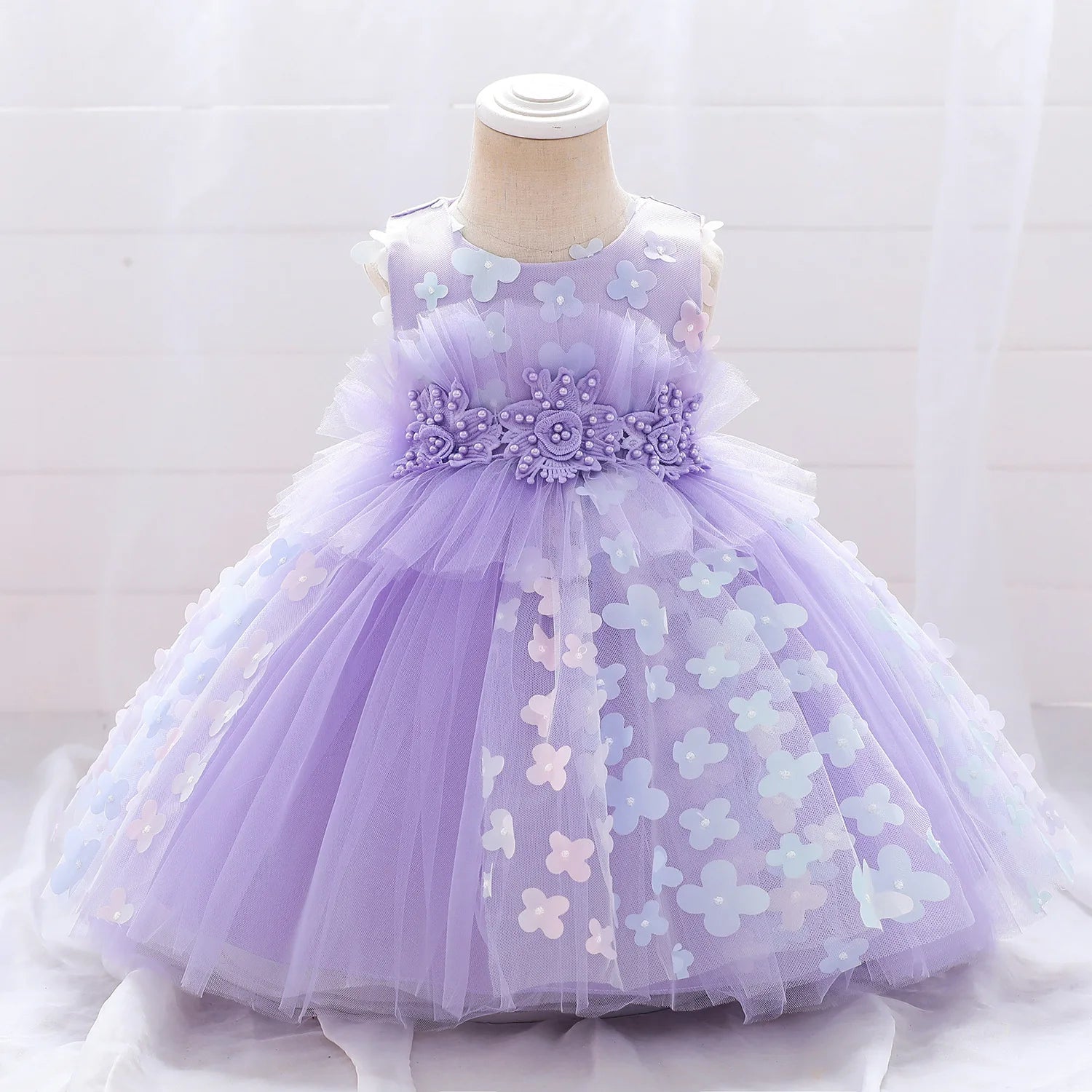 luxury صيف أطفال فستان for بنات 3 years old flower appliqued تل puffy frock بدون أكمام solid pattern button decoration