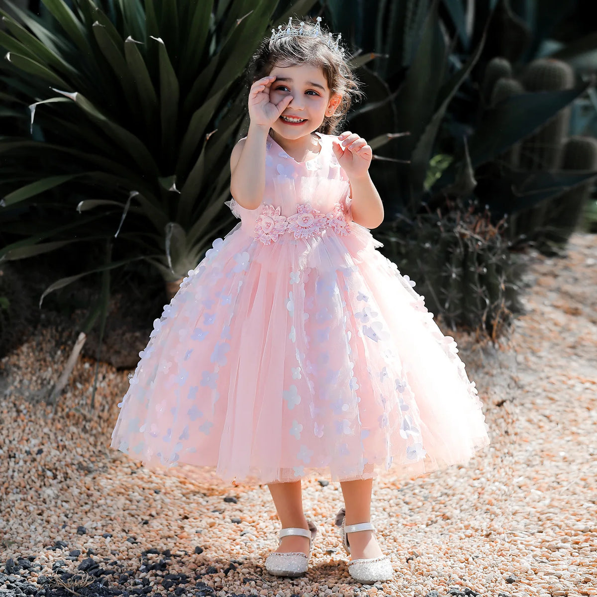 luxury صيف أطفال فستان for بنات 3 years old flower appliqued تل puffy frock بدون أكمام solid pattern button decoration