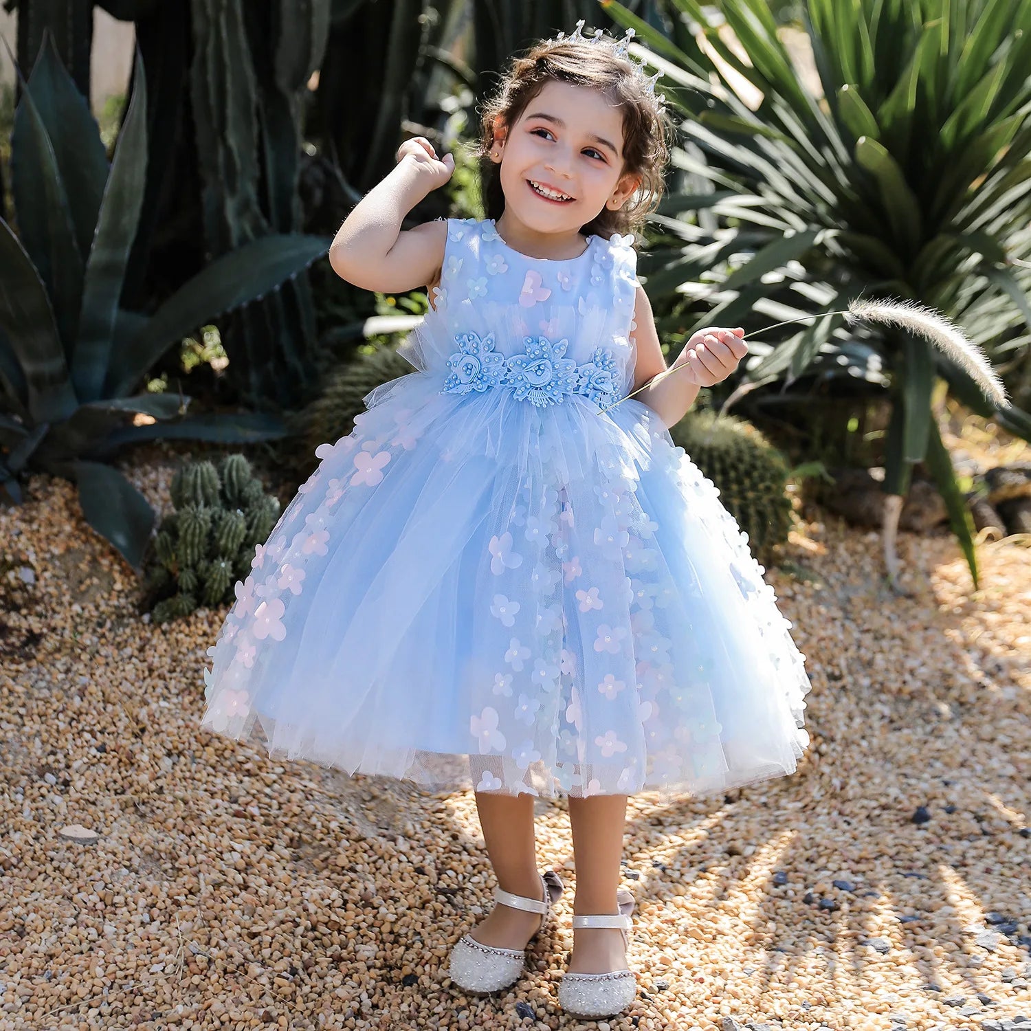 luxury صيف أطفال فستان for بنات 3 years old flower appliqued تل puffy frock بدون أكمام solid pattern button decoration