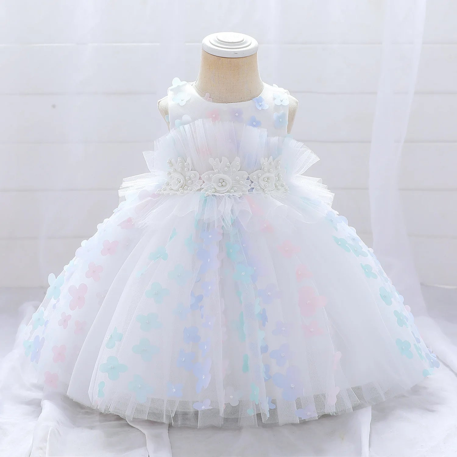luxury صيف أطفال فستان for بنات 3 years old flower appliqued تل puffy frock بدون أكمام solid pattern button decoration