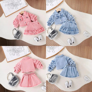 جديد fashion 2pcs بنات clothing طقم أكمام طويلة دينم jacket coat with layered قصير جيب outfits