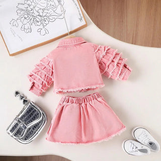 جديد fashion 2pcs بنات clothing طقم أكمام طويلة دينم jacket coat with layered قصير جيب outfits