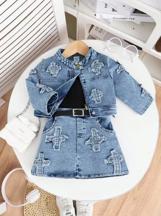 جديد fashion 3pcs بنات clothing طقم أكمام طويلة دينم jacket coat with قصير جيب outfits