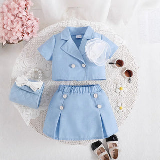جديد fashion صيف أطفال clothing solid color trendy بدلة أكمام قصيرة توب بليسيه جيب طقم بنات clothing sets