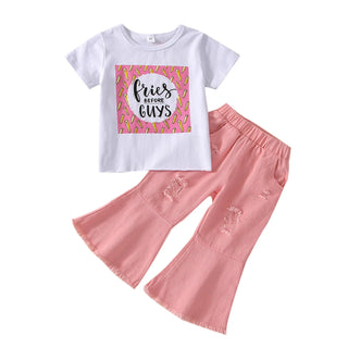 جديد بنات' كاجوال صيف fashion طقم white cotton توب with أكمام قصيرةs & دينم bell pants featuring printed letters children