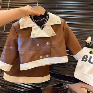 جديد بنات' طقم for ربيع وخريف season، موضة 2025 fashion leather jacket، half جيب، children's clothing طقم قطعتين