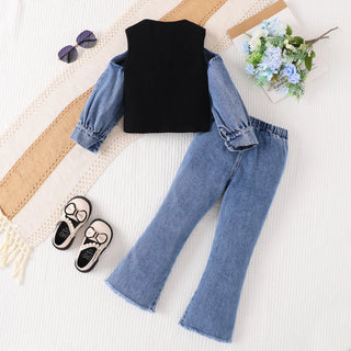 جديد بنات طقم قطعتين cotton توب and pants micro horn دينم with tooling stitching two-piece design
