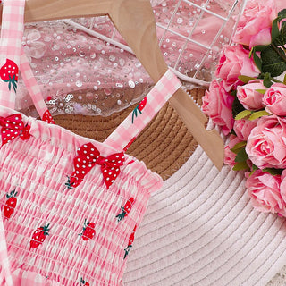 جديد products for small and medium-sized children، بنات' ربيع and صيف suspender strawberry printed فستان