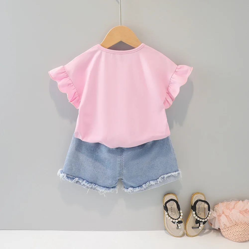 جديد صيف collection cute korean-ستايل بنات' بدلة for babies children featuring floral ruffles bow أكمام قصيرة shorts