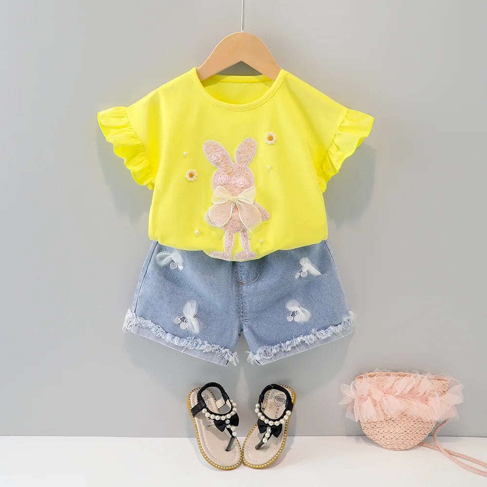 جديد صيف collection cute korean-ستايل بنات' بدلة for babies children featuring floral ruffles bow أكمام قصيرة shorts