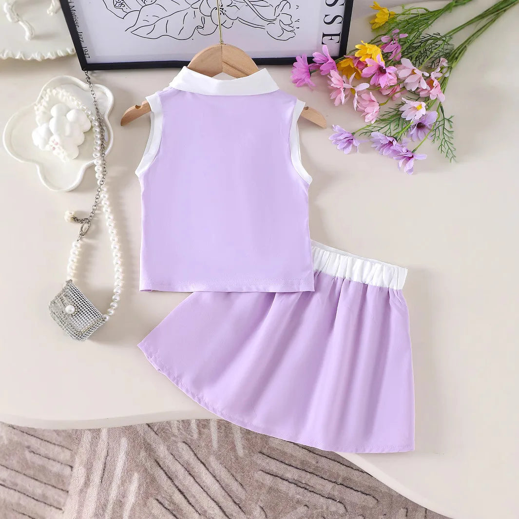 purple cute بنت صيف بدلة kid's كاجوال print waist بليسيه جيب with lapel sleeved توب sweet ستايل for 2-7years بنات