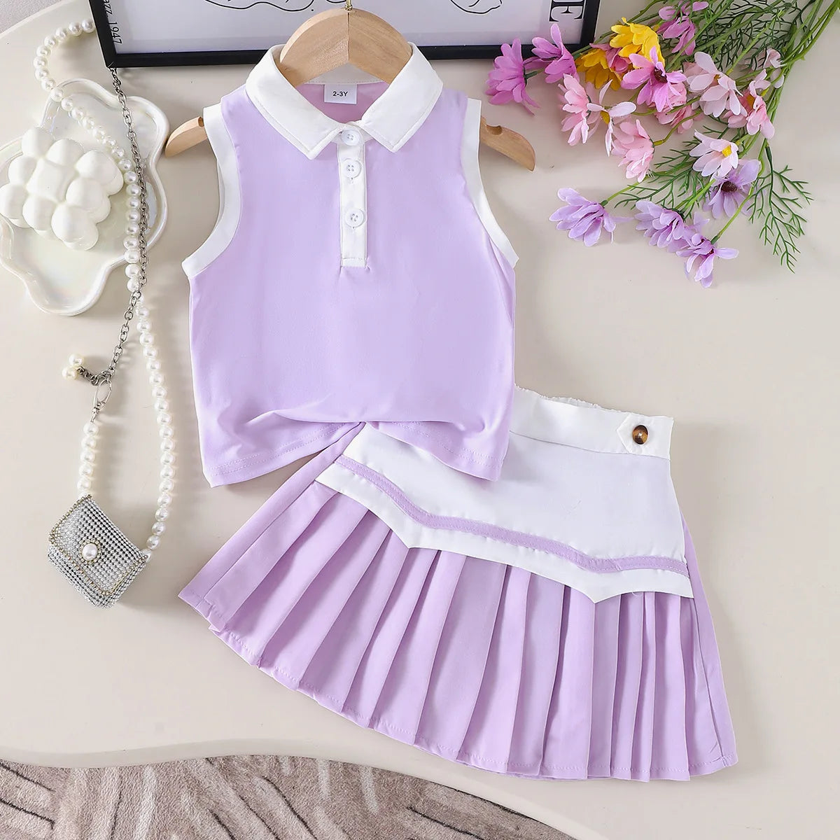 purple cute بنت صيف بدلة kid's كاجوال print waist بليسيه جيب with lapel sleeved توب sweet ستايل for 2-7years بنات