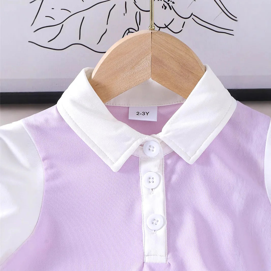 purple cute بنت صيف بدلة kid's كاجوال print waist بليسيه جيب with lapel sleeved توب sweet ستايل for 2-7years بنات