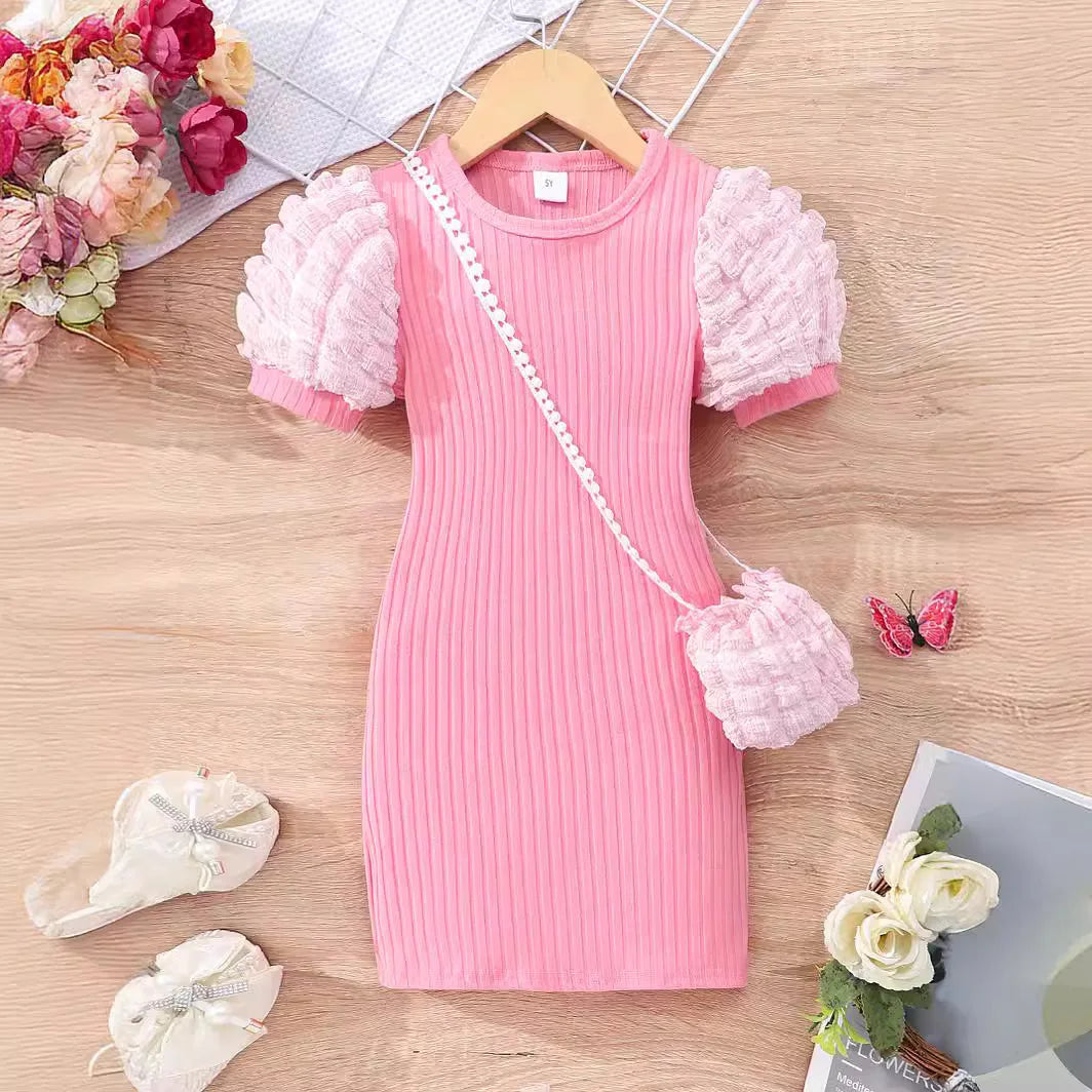 أكمام قصيرة bubble فستان for بنات light knitted fabric with button decoration small medium-sized children solid color صيف