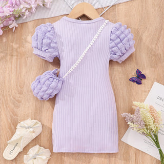 أكمام قصيرة bubble فستان for بنات light knitted fabric with button decoration small medium-sized children solid color صيف