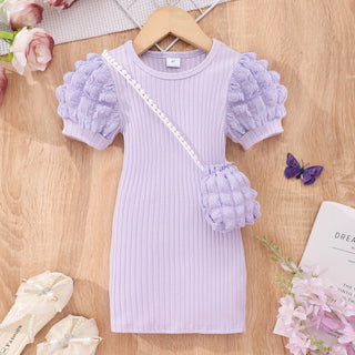 أكمام قصيرة bubble فستان for بنات light knitted fabric with button decoration small medium-sized children solid color صيف