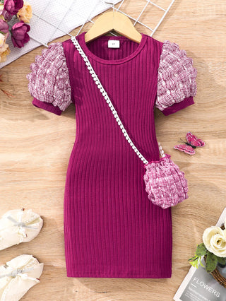 أكمام قصيرة bubble فستان for بنات light knitted fabric with button decoration small medium-sized children solid color صيف