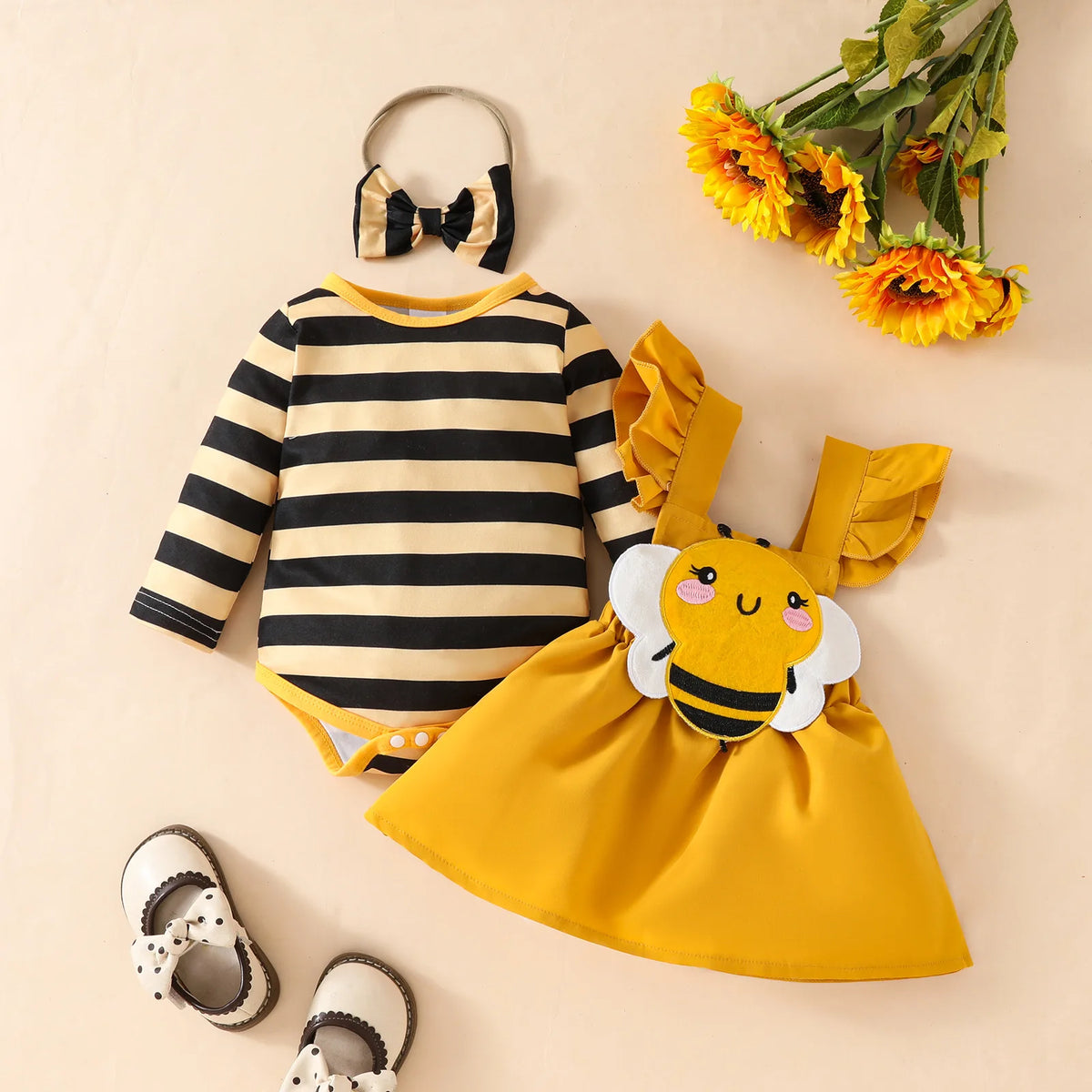 جيب طقم cute little bee stripe embroidered zhang zi back أكمام طويلة triangle coat 3pcs cotton fabric for صيف