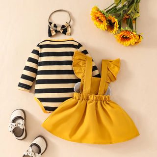 جيب طقم cute little bee stripe embroidered zhang zi back أكمام طويلة triangle coat 3pcs cotton fabric for صيف