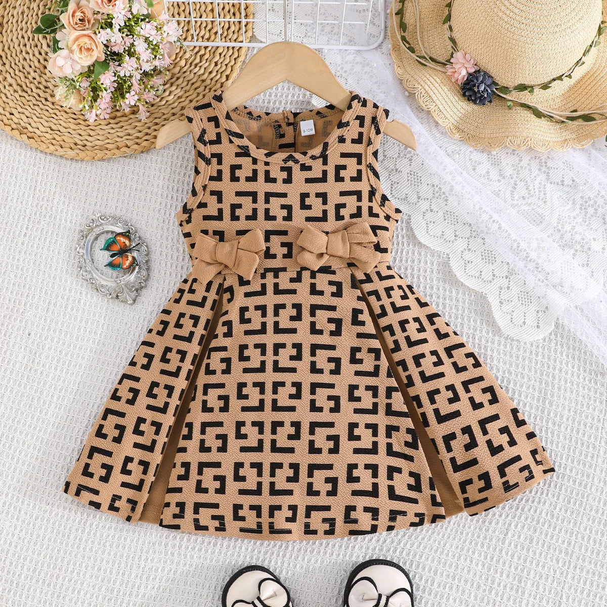 solid pattern geometric bow decorative بدون أكمام فستان for baby بنات صيف knitted fabric with floral decoration